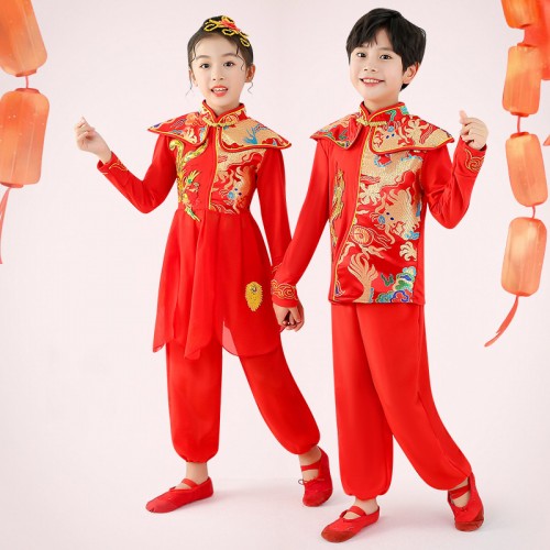 Children Chinese dragon folk dance dress Chinese new year celebration folk dance costumes tang suit drumming performance clothes for Boys  girls Yangko dance clothes